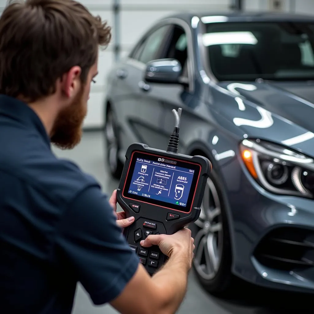 Mechanic using a scan tool to bleed brakes