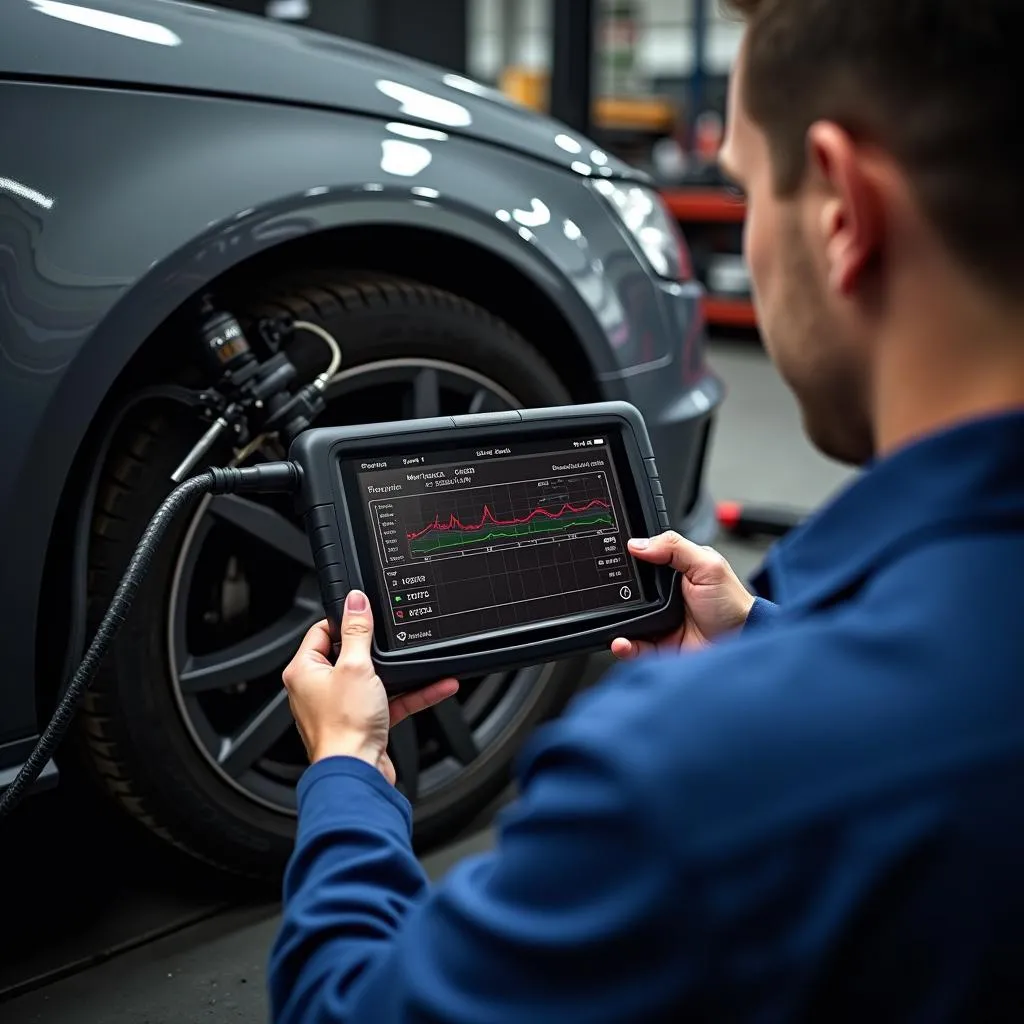 Mechanic using scan tool to bleed brakes on Audi A4