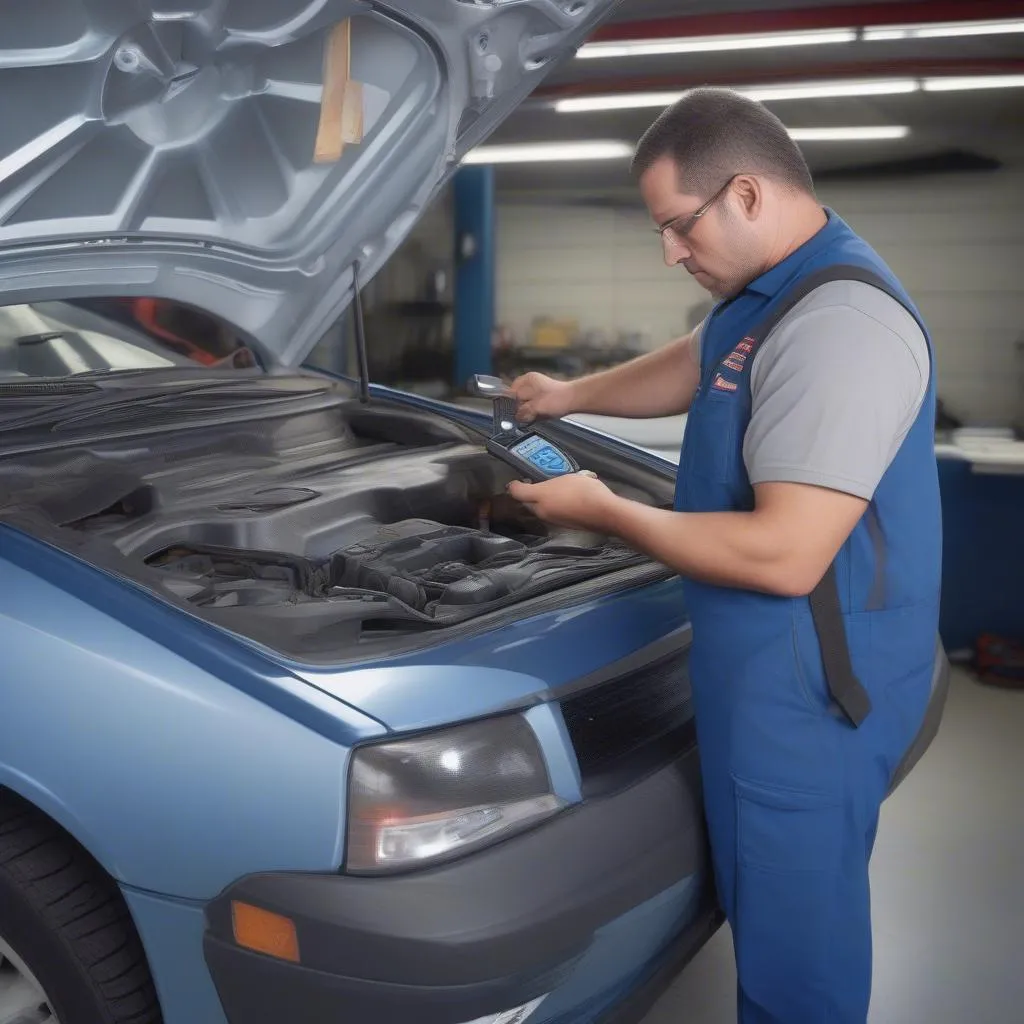 Mechanic using a scan tool to diagnose check engine light