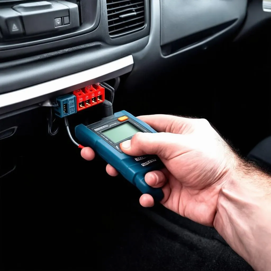 Scan tool connected to a car's OBD-II port.