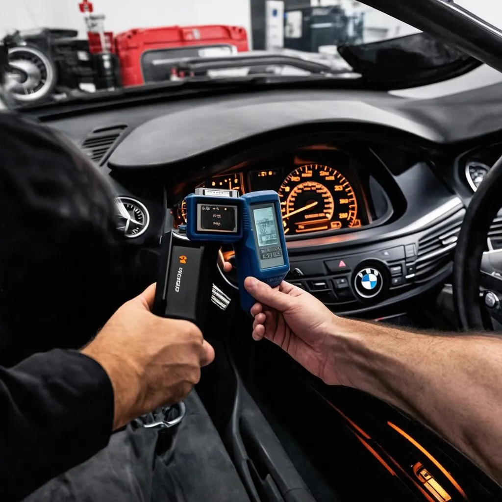 Mechanic using scan tool on European car