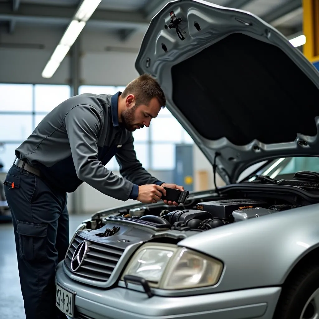 Mechanic connecting a scan tool to a 2001 SL500