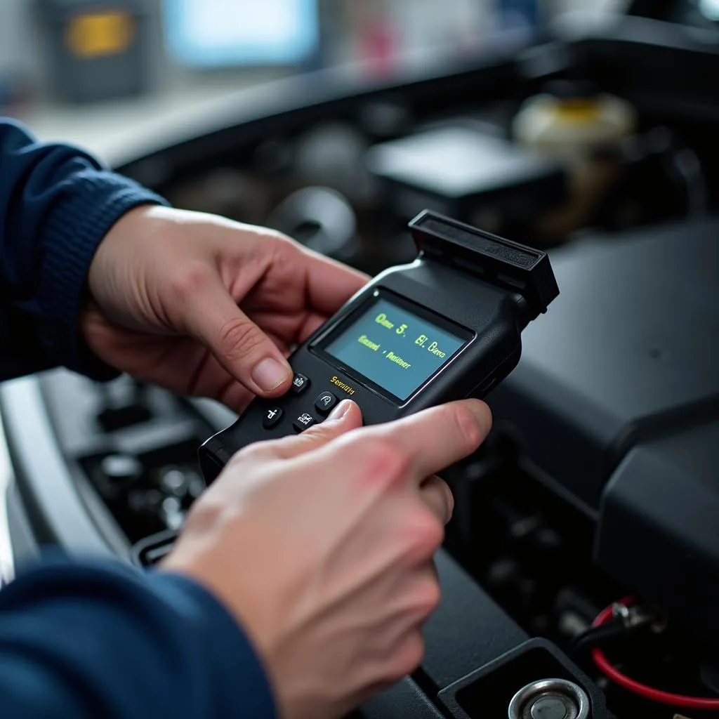 Mechanic connecting a scan tool to a car's ignition system