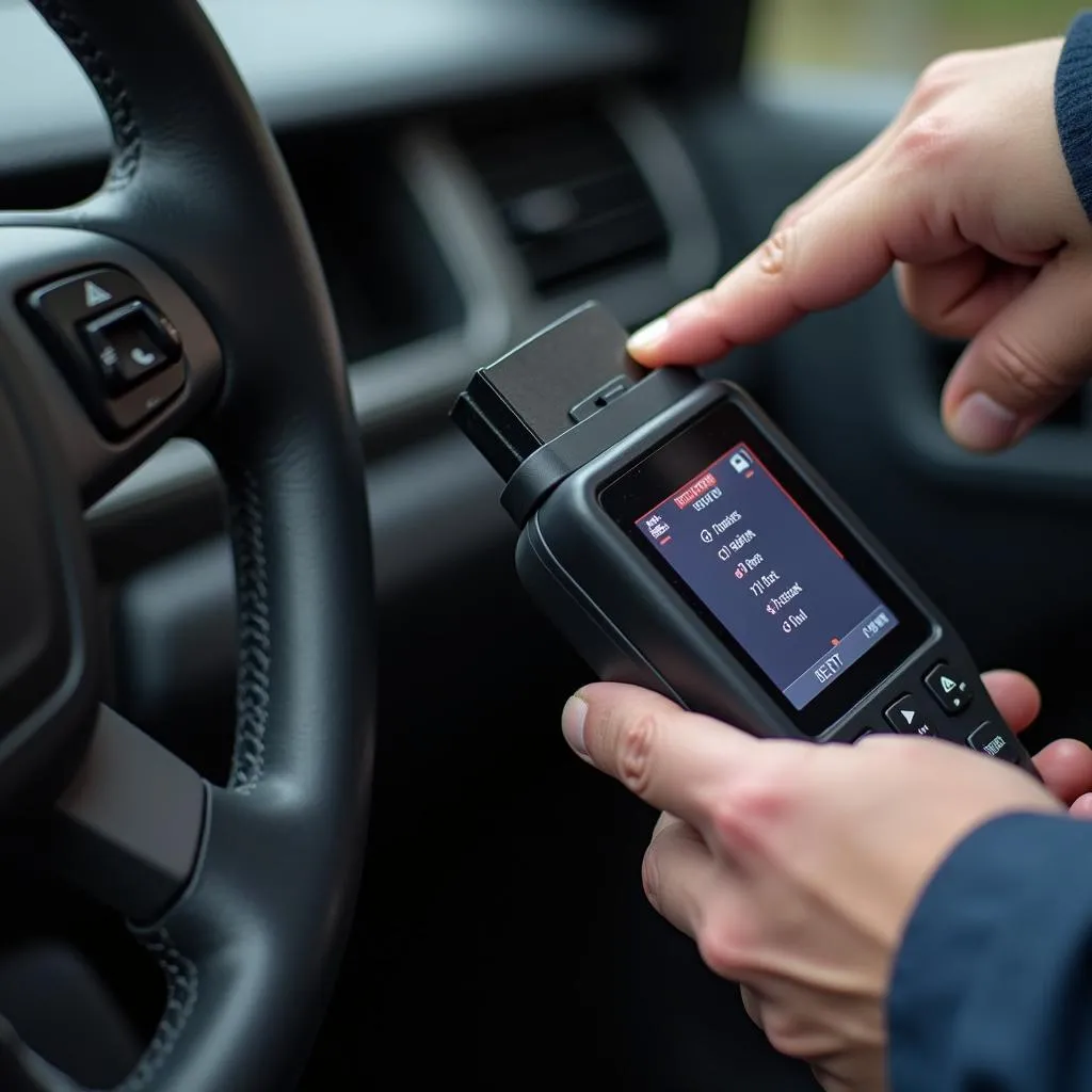 Mechanic connecting a scan tool to a car's OBD-II port