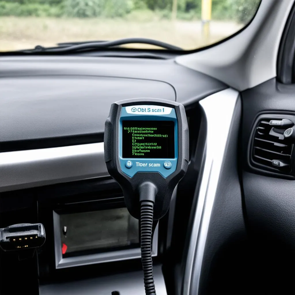 Car dashboard with a scan tool plugged in