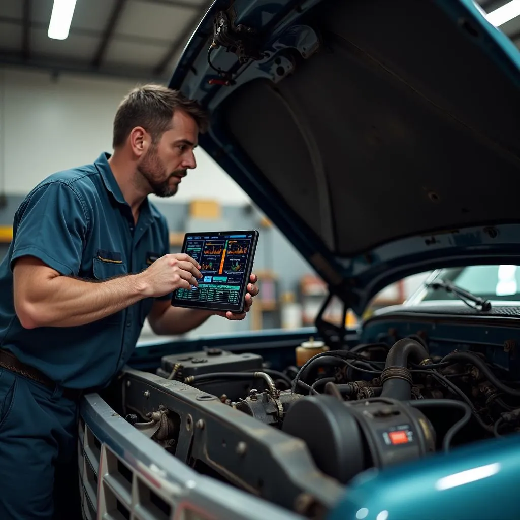 Mechanic using a scan tool to diagnose a 1995 F350 diesel engine