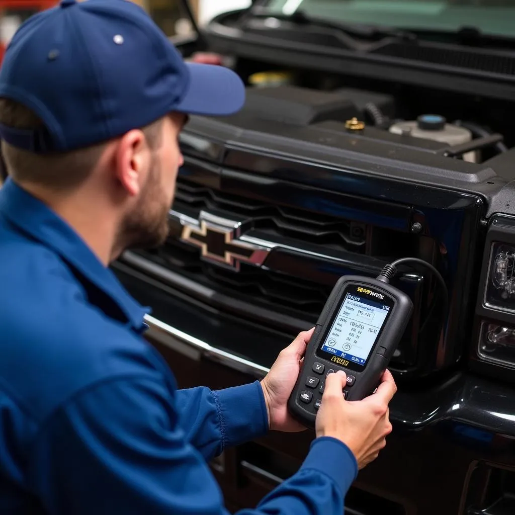 Mechanic using a scan tool to diagnose a 5.7 Vortec engine