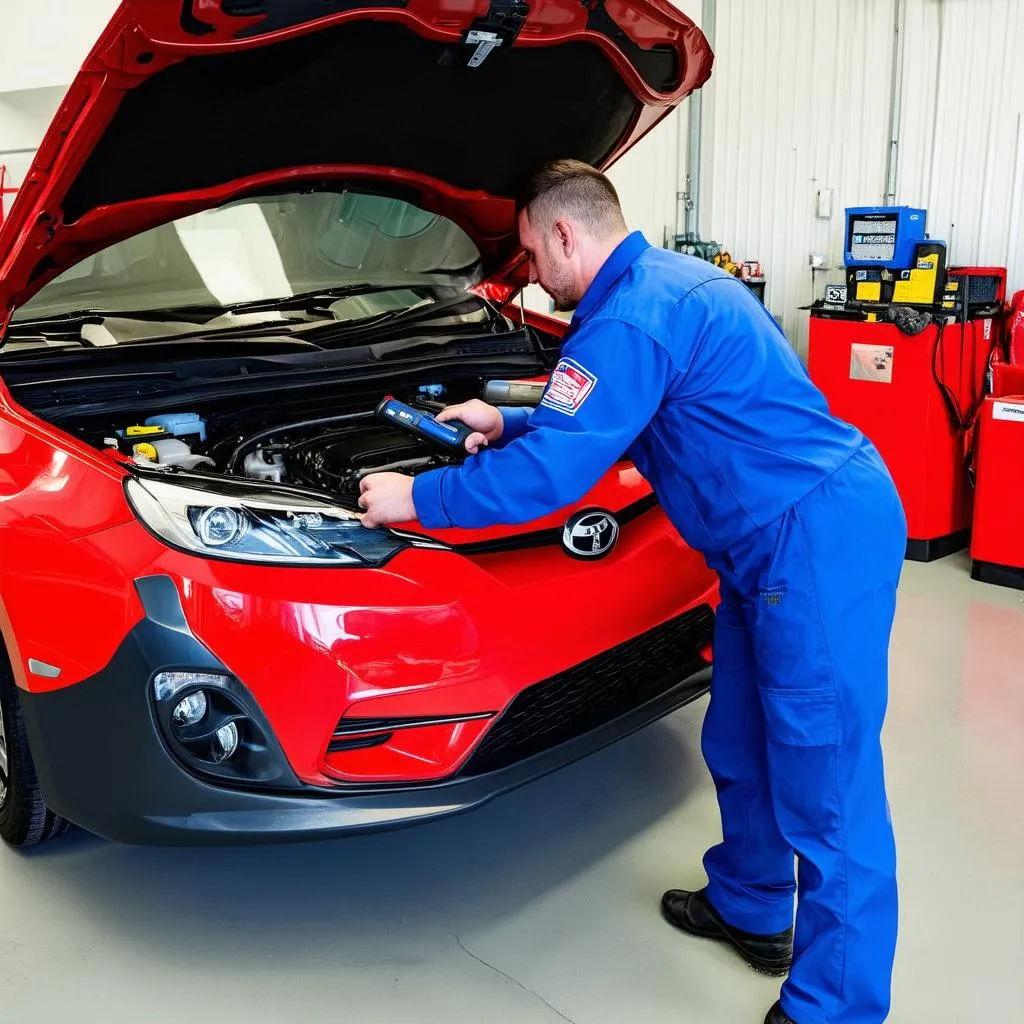 Mechanic using a scan tool to diagnose a car