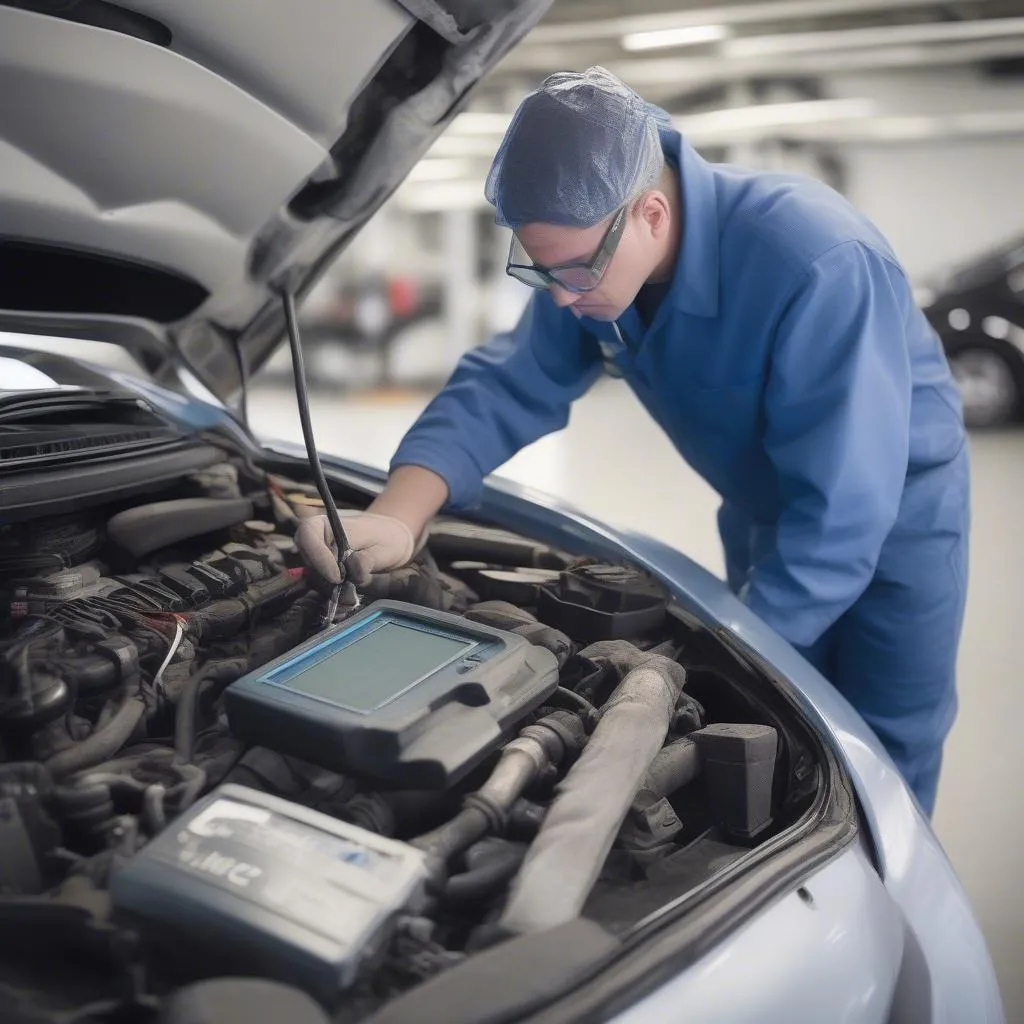 A mechanic using a scan tool to diagnose an ignition control module