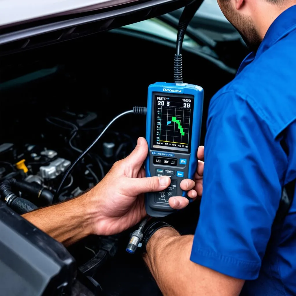 Mechanic using a scan tool to view live data