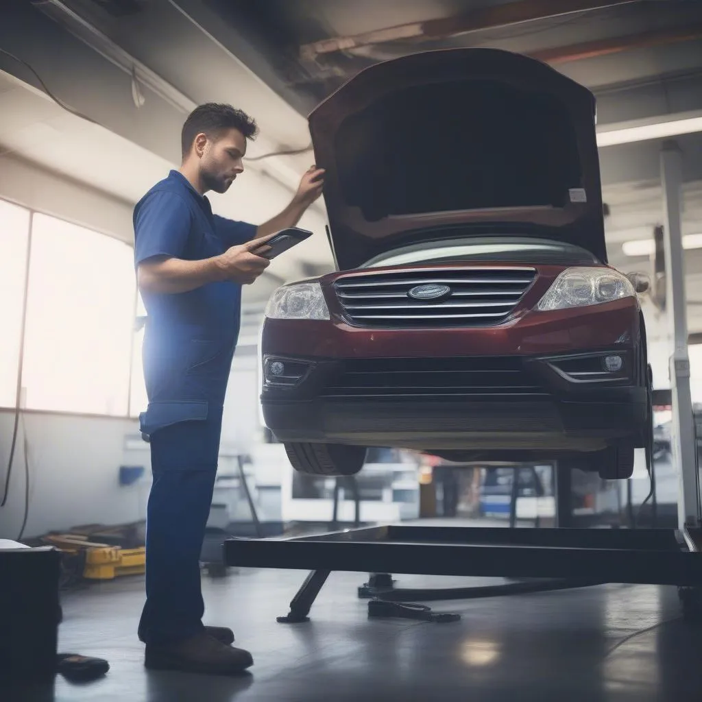 A Mechanic using a scan tool to diagnose a car problem