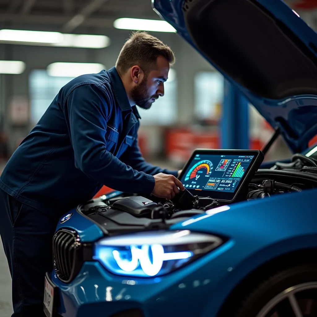 Mechanic using a scan tool to read live data from a car