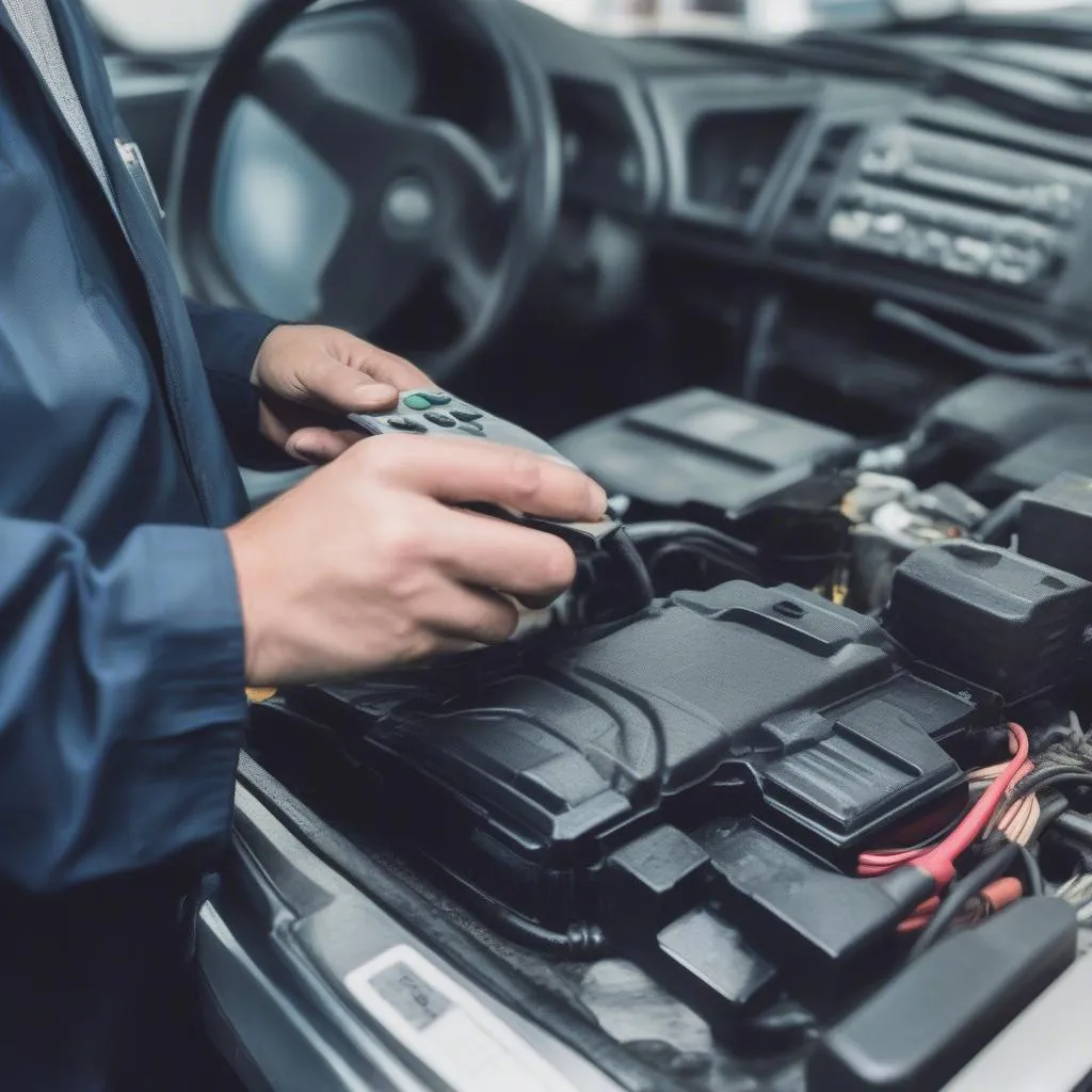 Mechanic using a scan tool to reset car's engine codes