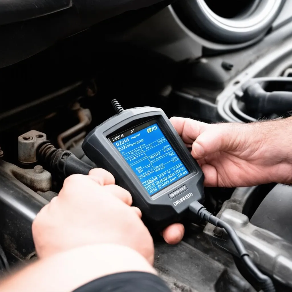 Mechanic analyzing a scan tool snapshot on a laptop connected to a car's OBD-II port