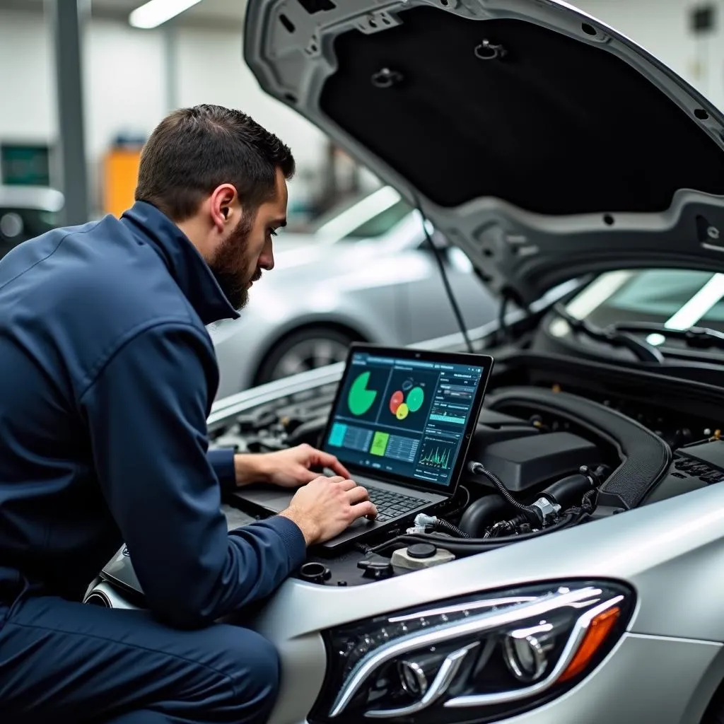 Mechanic using scan tool software to diagnose car problems