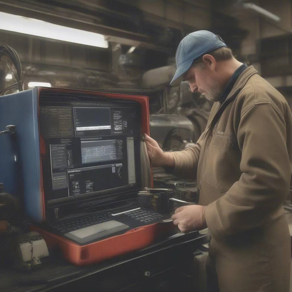 Mechanic using scanner at workshop