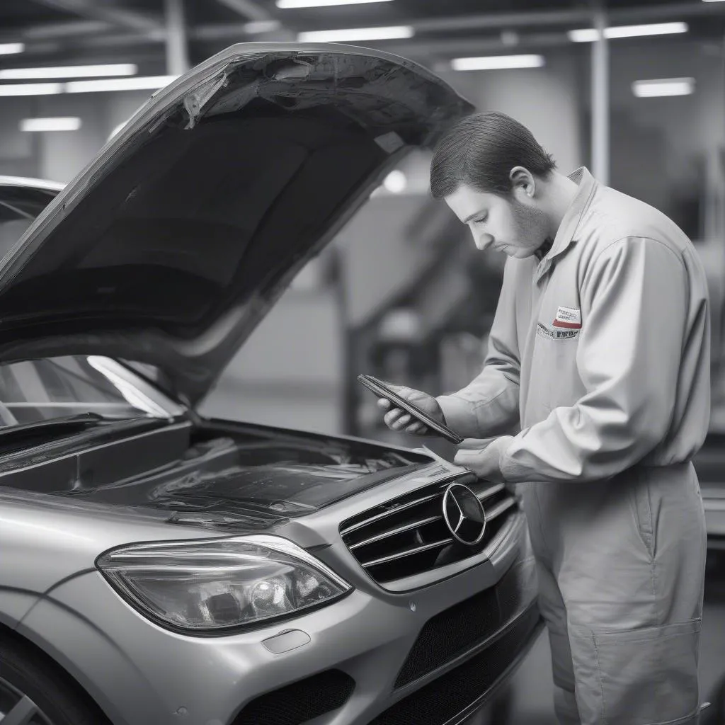 A mechanic using a scanning tool in a workshop