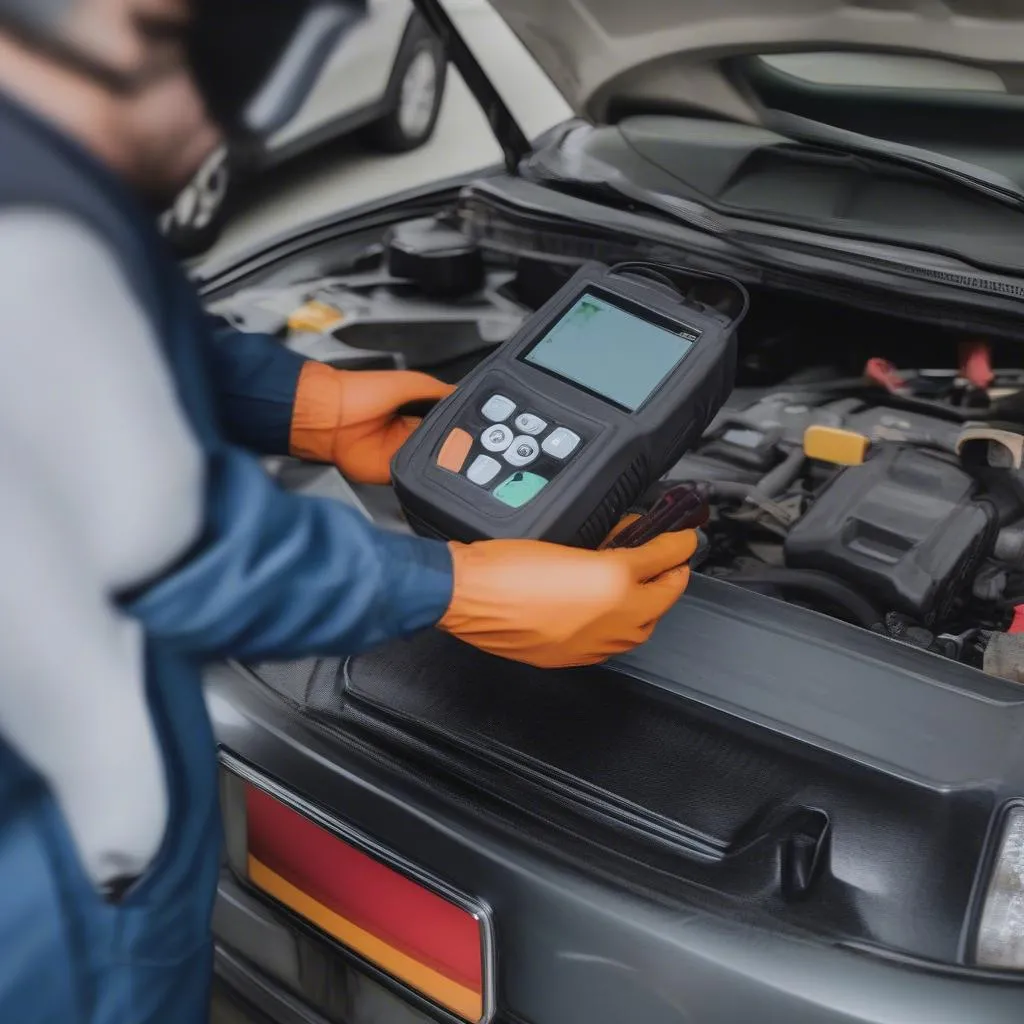 A mechanic using a scanner tool to bleed ABS brakes