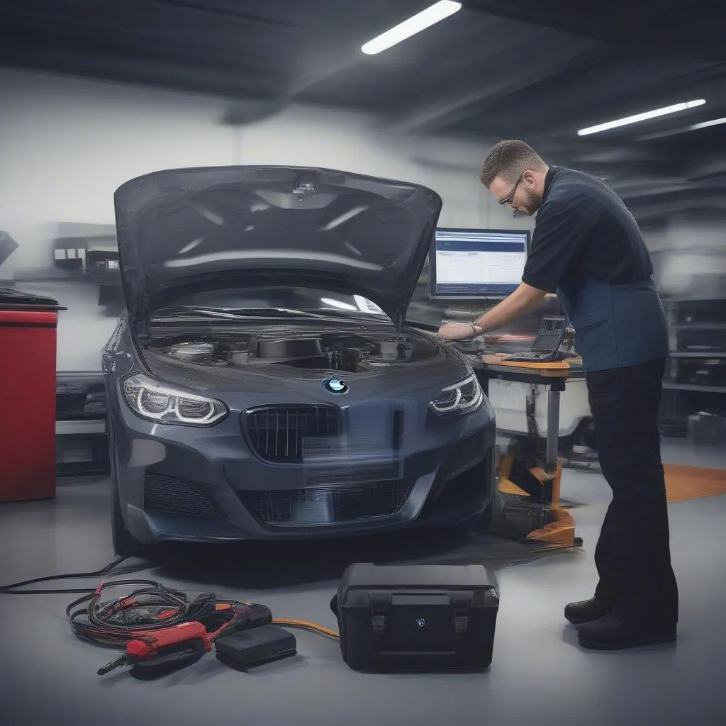 A mechanic using a scanning tool to diagnose a problem with a BMW