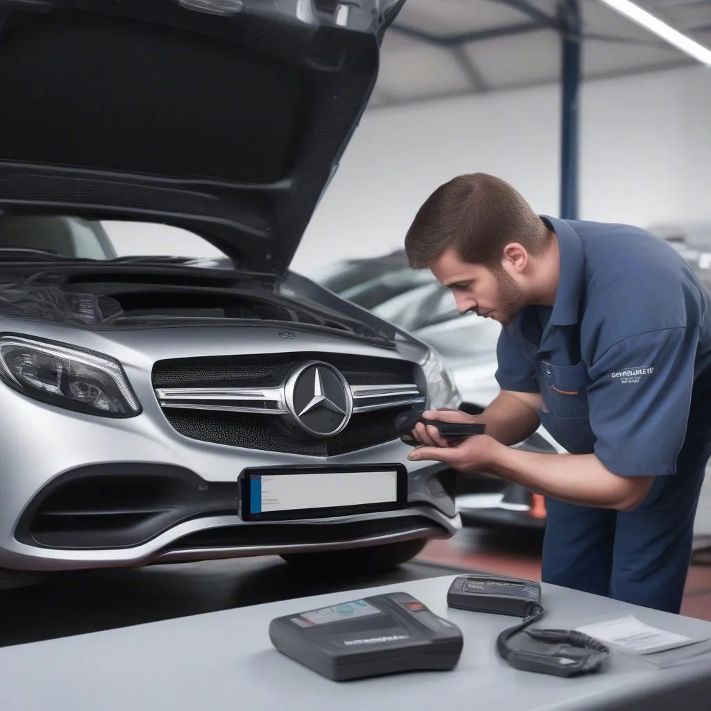 Schwaben by Foxwell professional scan tool used for diagnosing a Mercedes-Benz car