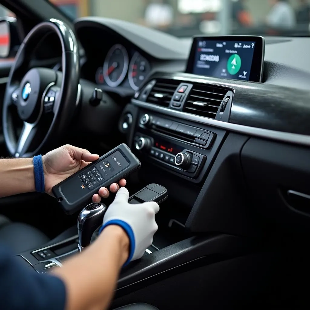 Mechanic using a Schwaben scan tool to diagnose a BMW