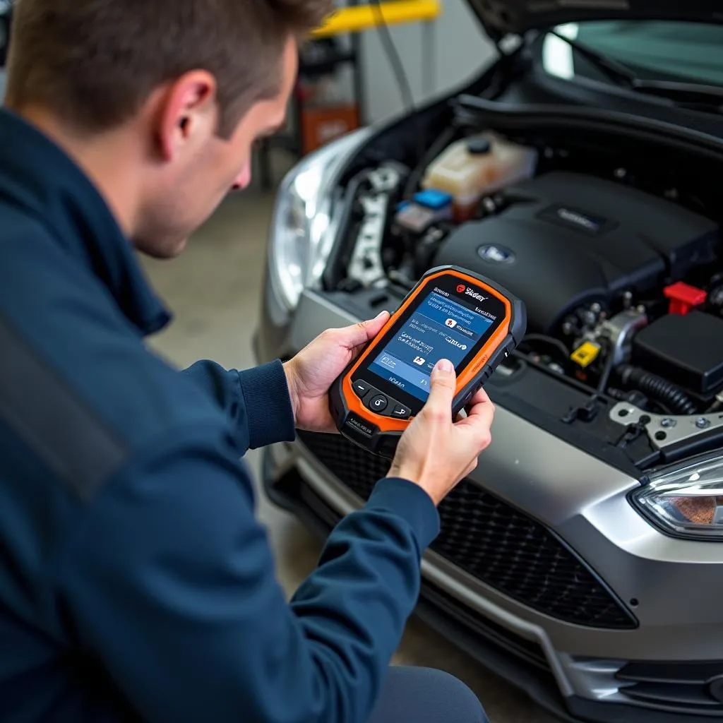 Mechanic using Schwaben scan tool on Ford engine