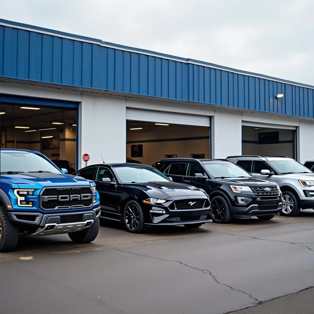 Different Ford car models parked in a row