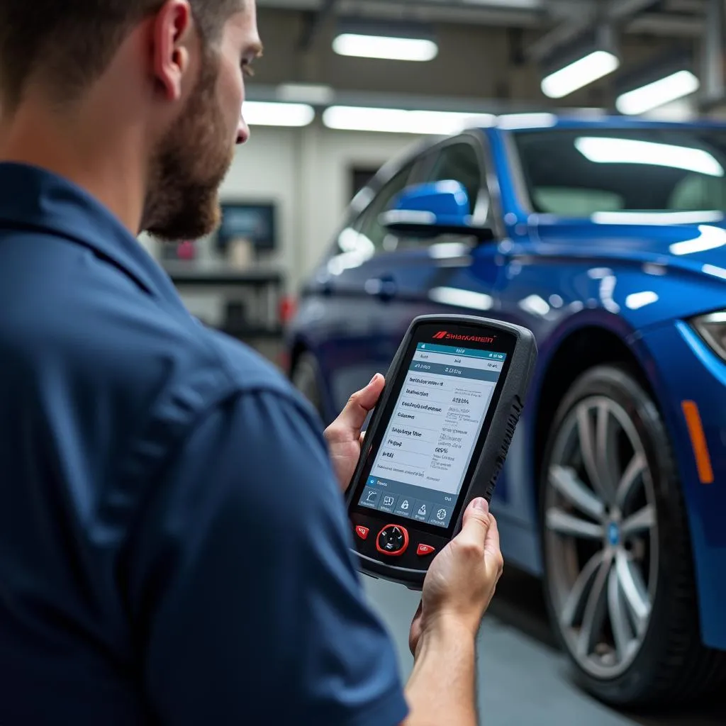 Mechanic using Schwaben scan tool on a BMW