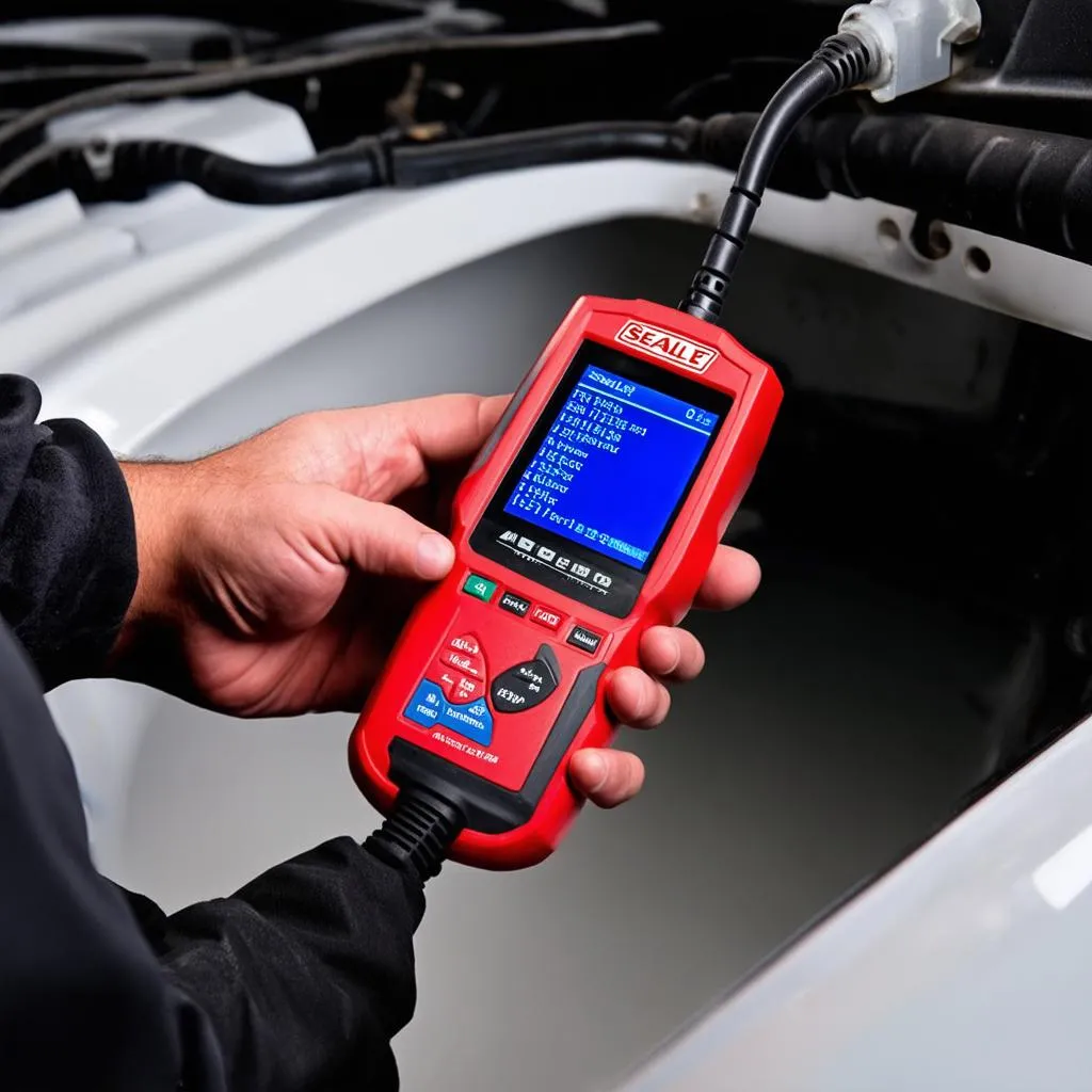 mechanic using a sealey autel code reader to diagnose a car problem