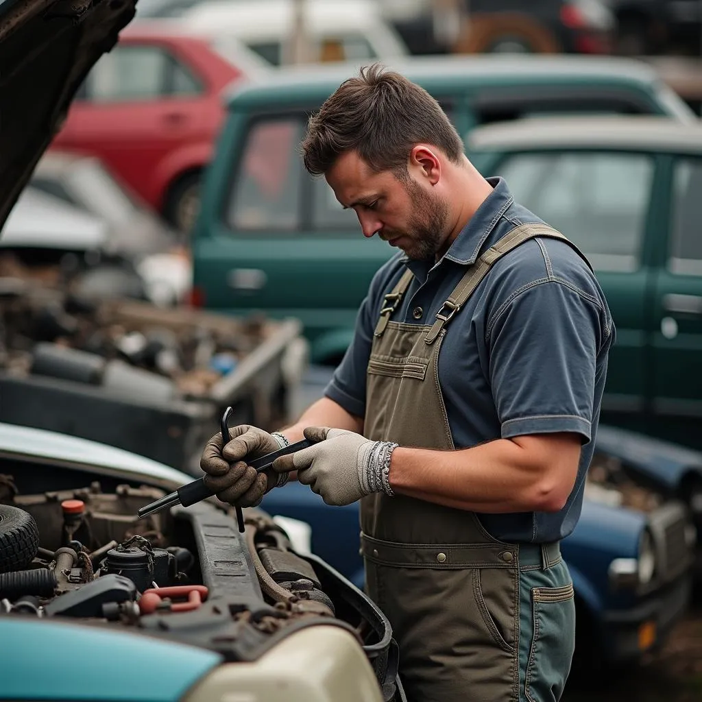 Mechanic searching for car parts in a junkyard