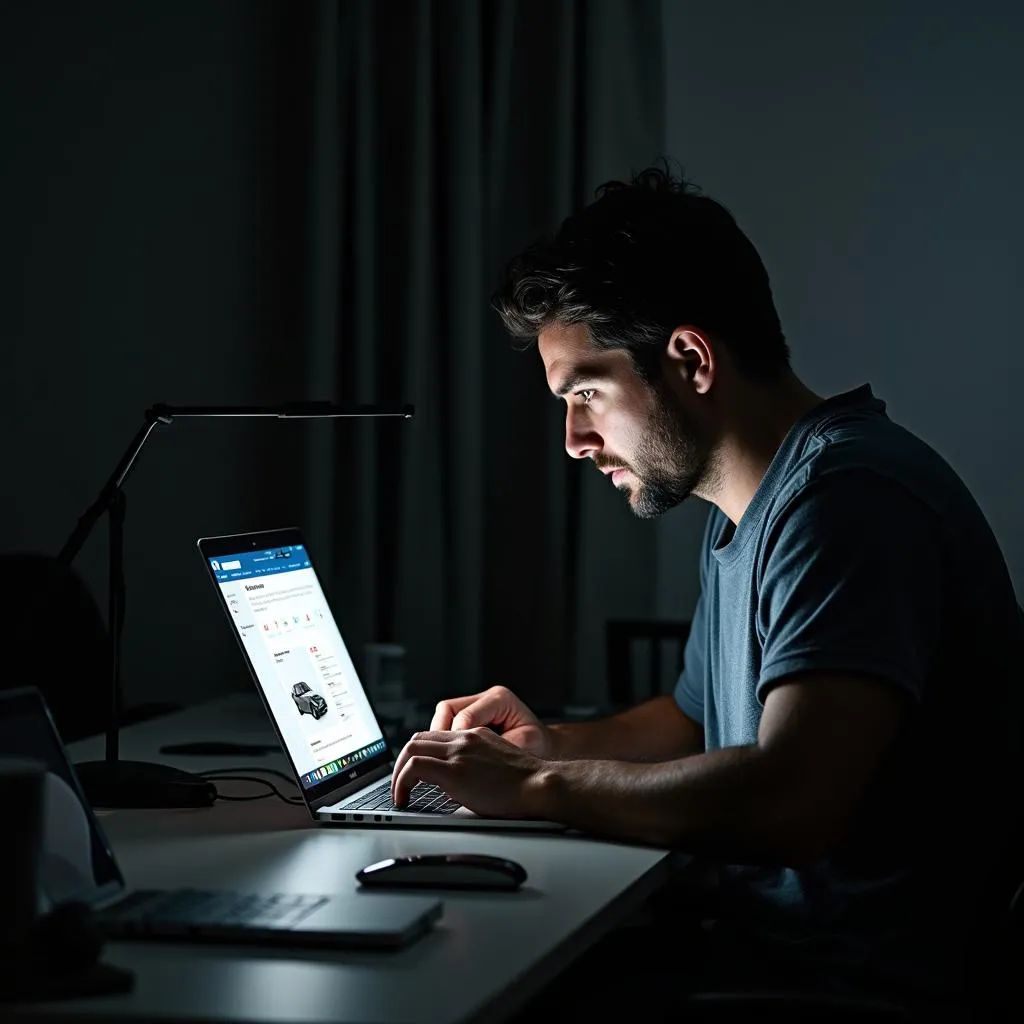 Man searching for used car parts on his laptop