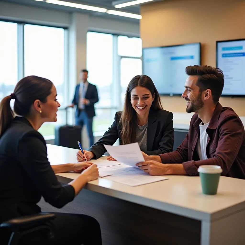 Couple reviewing a car rental agreement at O'Hare Airport