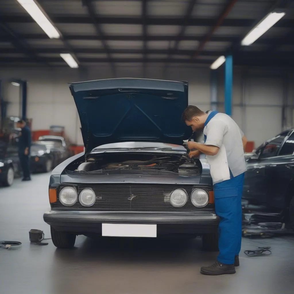 A car being inspected by a mechanic in a garage