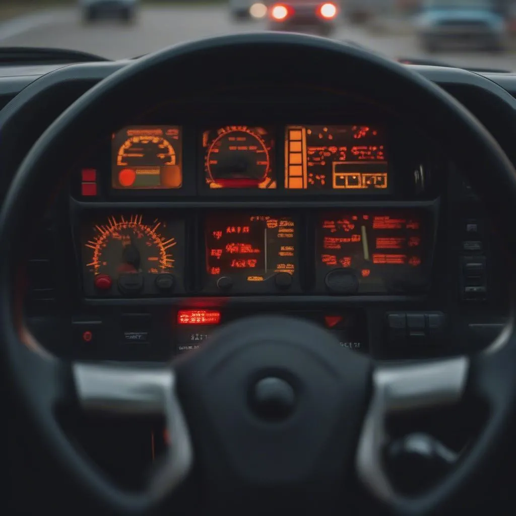 Dashboard of a semi truck with warning lights on