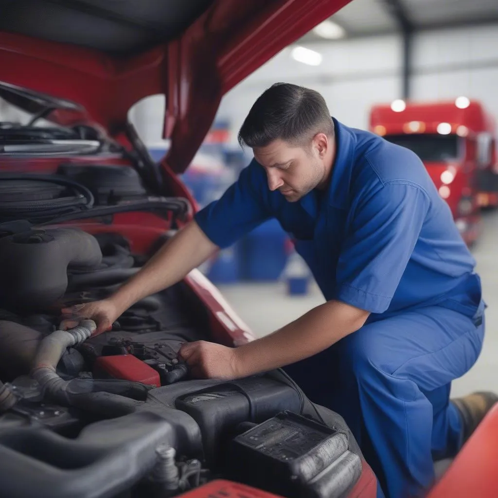 Mechanic using a diagnostic tool on a semi truck