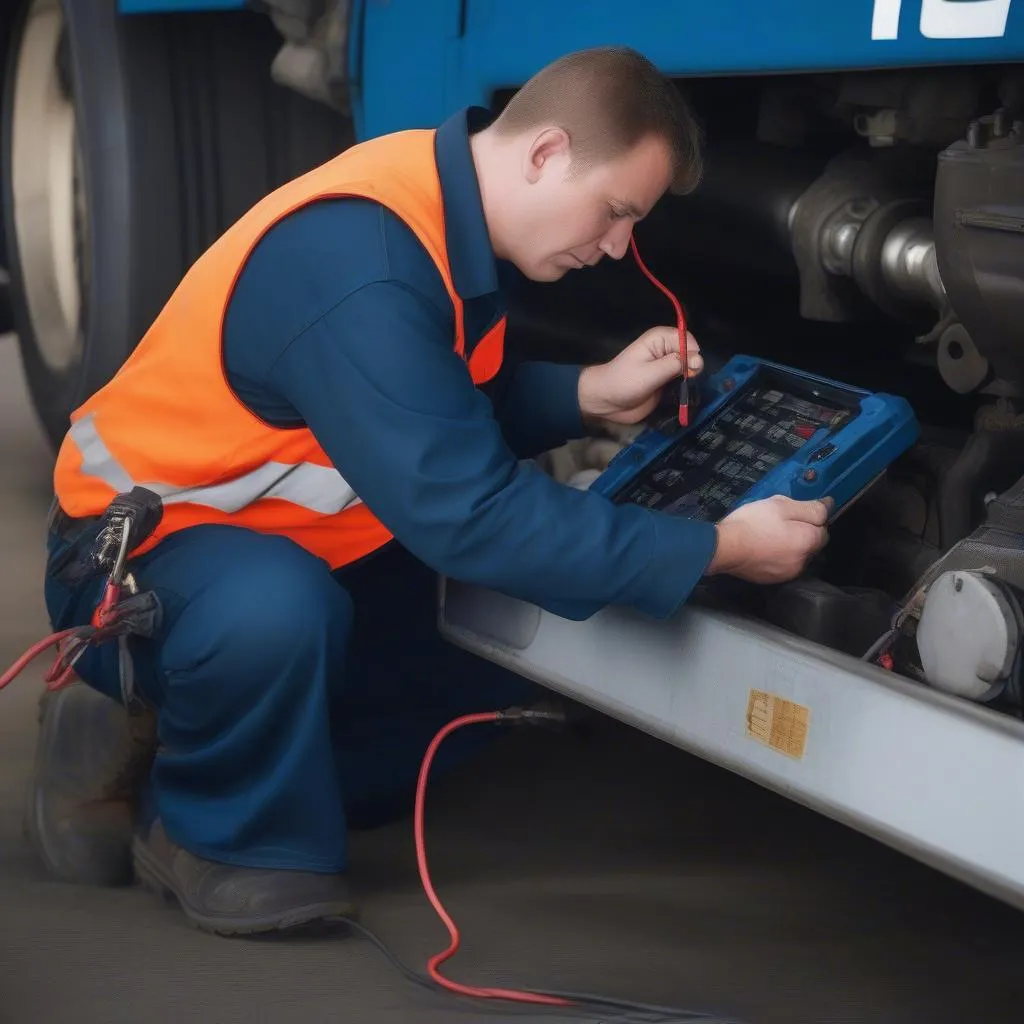 A mechanic using a semi truck scan tool to diagnose an engine problem.