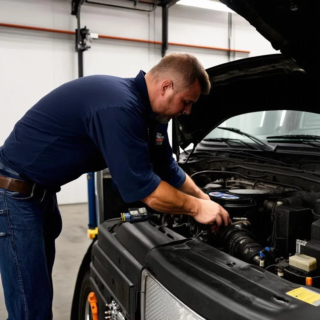 Mechanic using a scan tool on a semi-truck engine