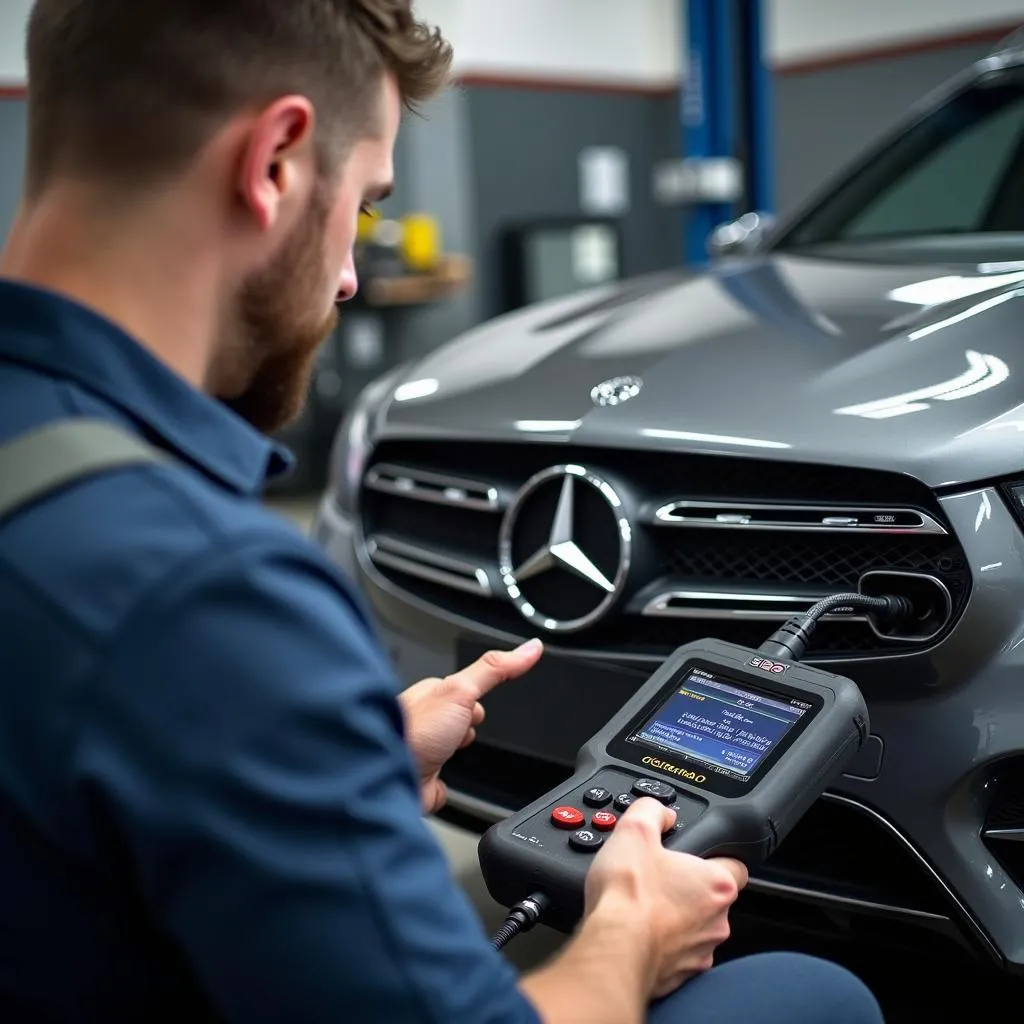 Mechanic using an SEO scan tool to diagnose a Mercedes-Benz in a repair shop.