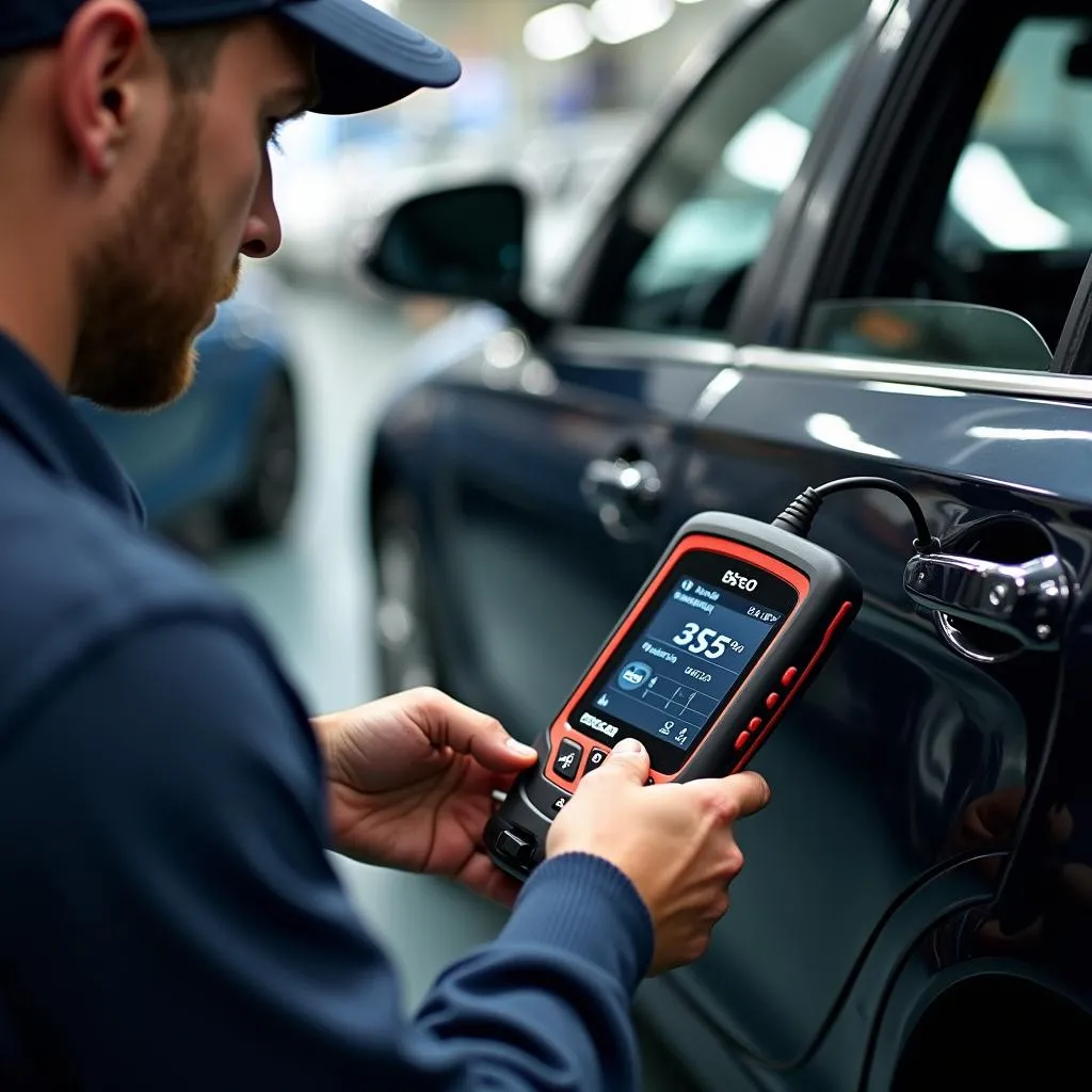 Mechanic using an SEO scan tool on a car