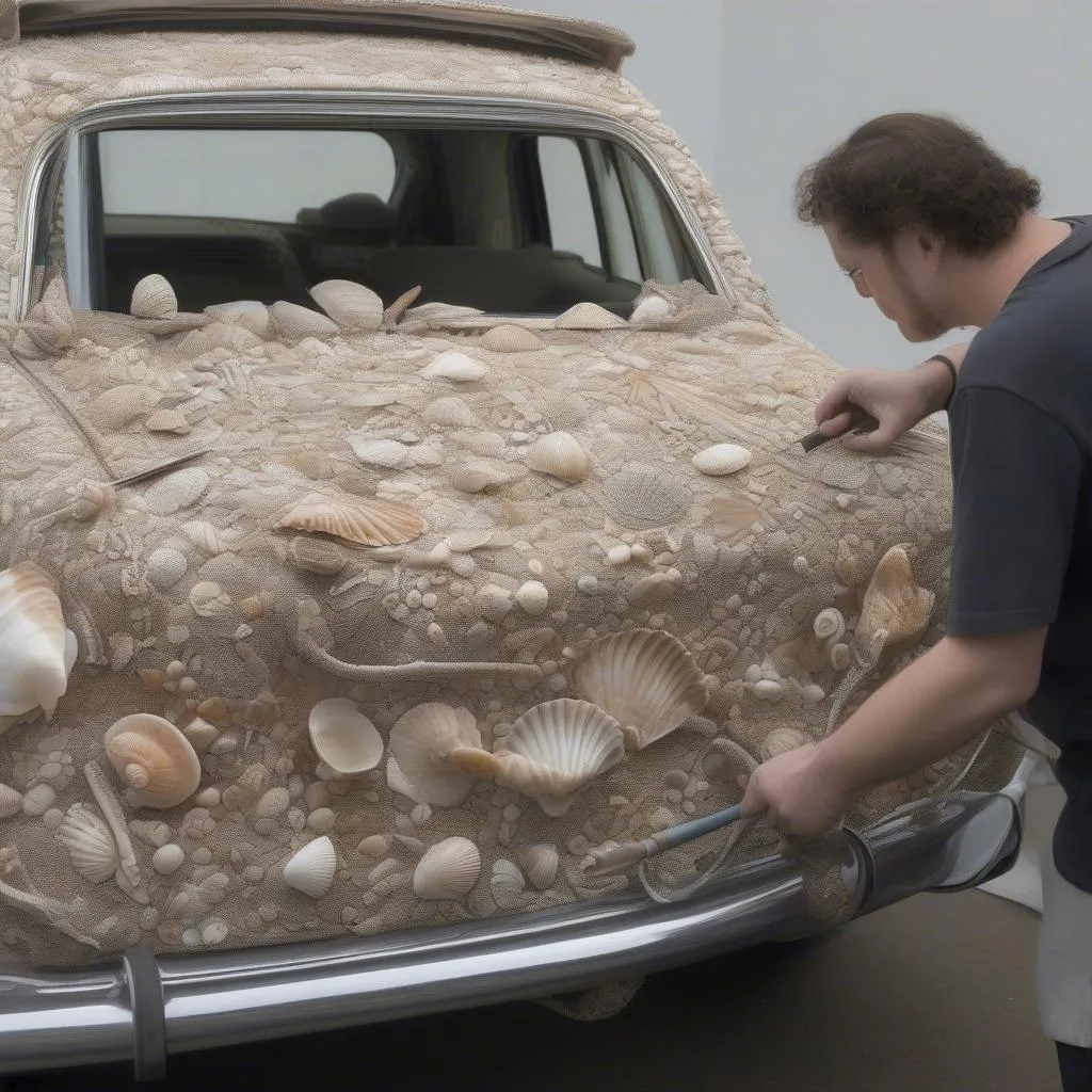 Artist working on a shell-covered car