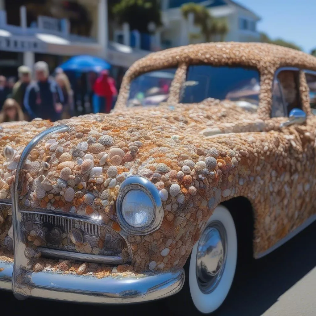 Shell covered car at Mendocino parade