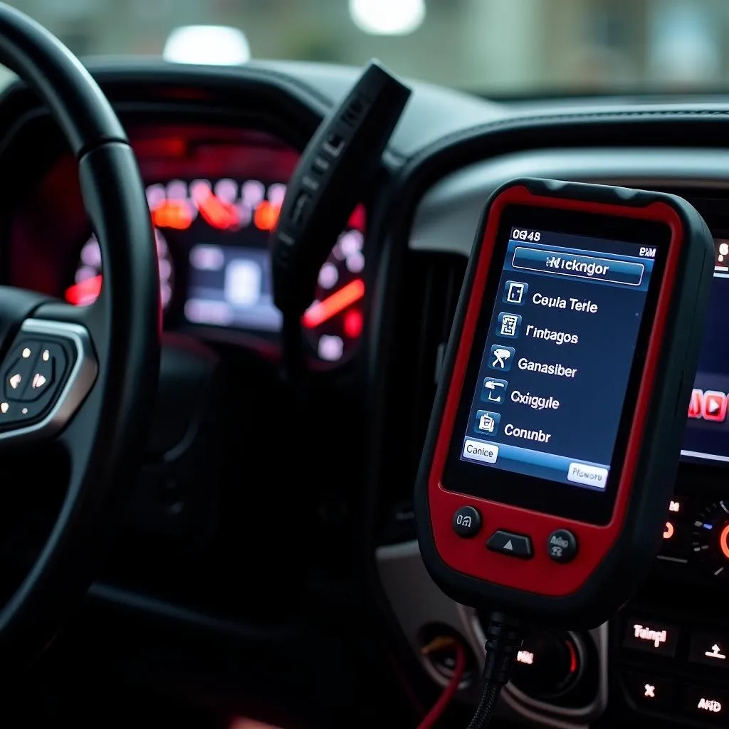 GMC Sierra truck dashboard with a scan tool connected, displaying real-time engine data.