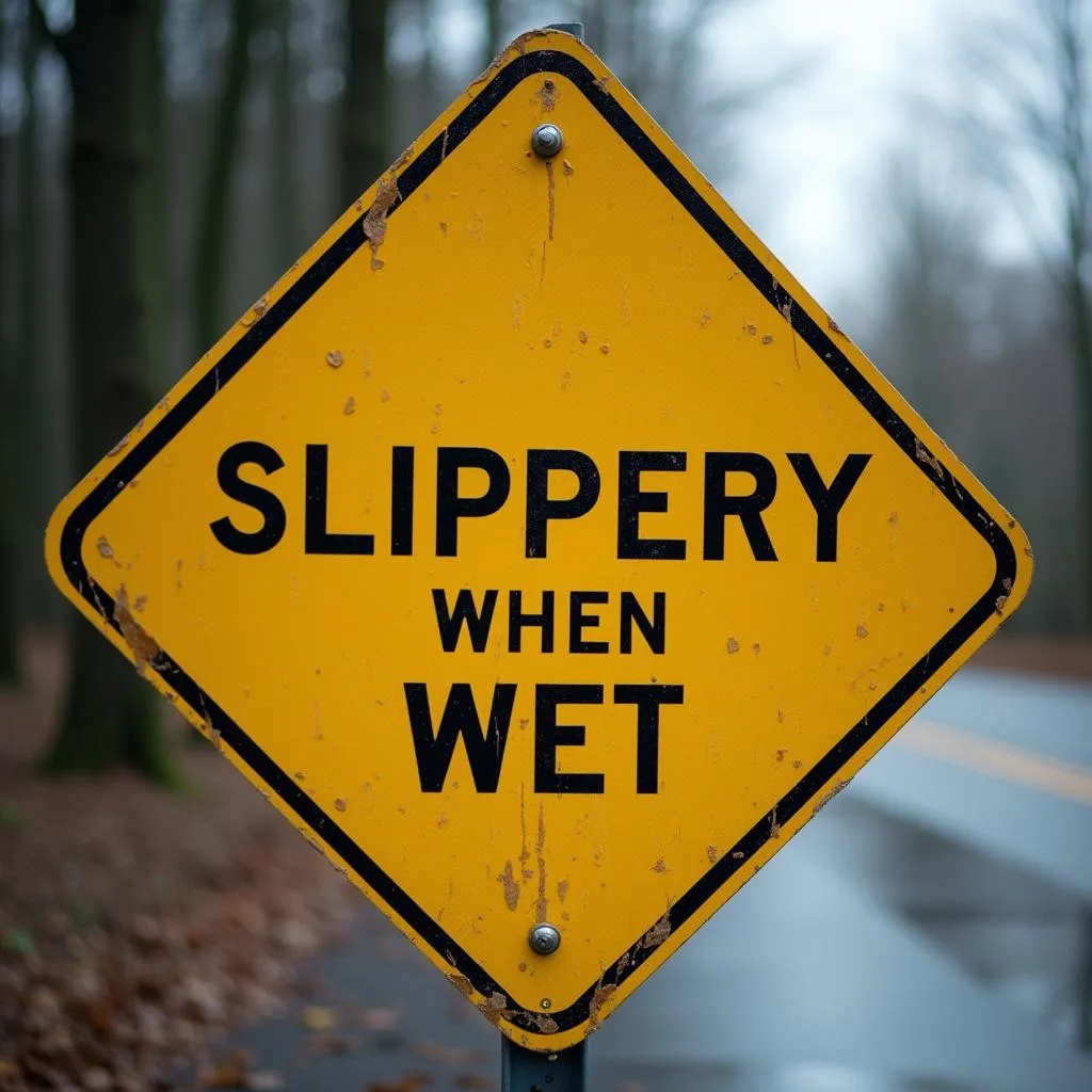 Slippery when wet road sign indicating potential car slipping hazard