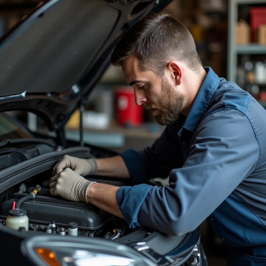 Mechanic inspecting a car engine in a small repair shop