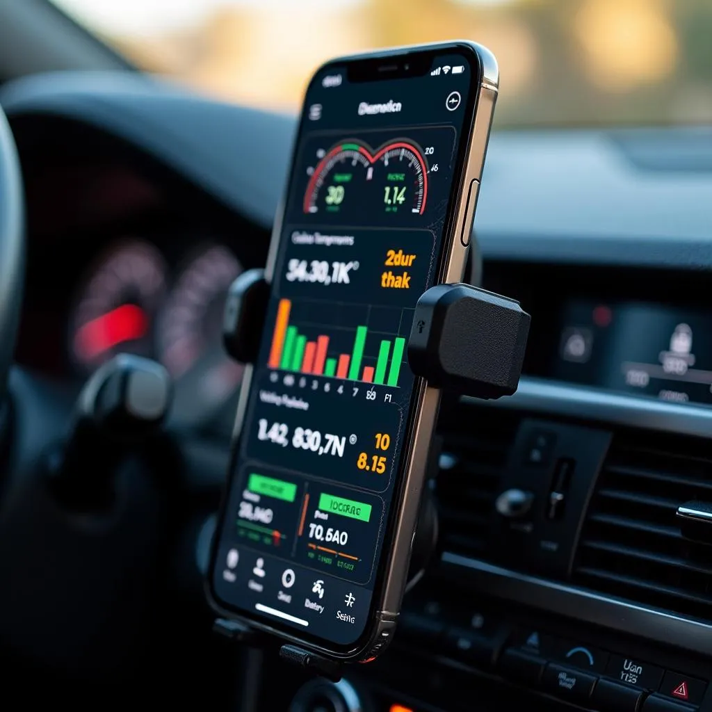 Smartphone Displaying OBD2 App with Diagnostic Data