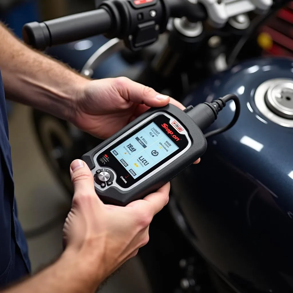 Mechanic Using a Snap-on Motorcycle Scan Tool