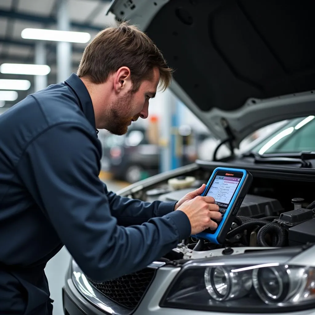 Mechanic using a Snap-on scan tool on a car