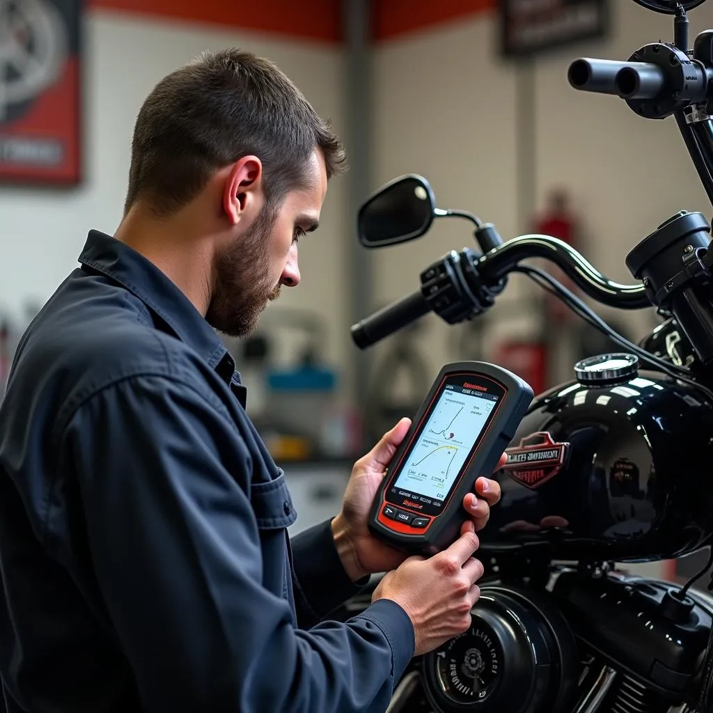 Harley-Davidson Mechanic Using a Snap-on Scan Tool