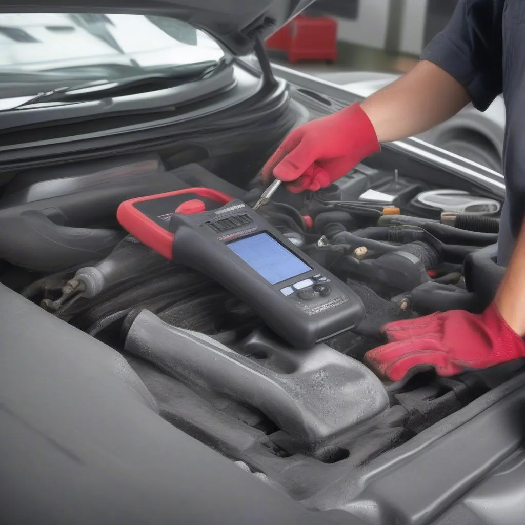 Mechanic using a Snap-On scan tool to diagnose a car problem