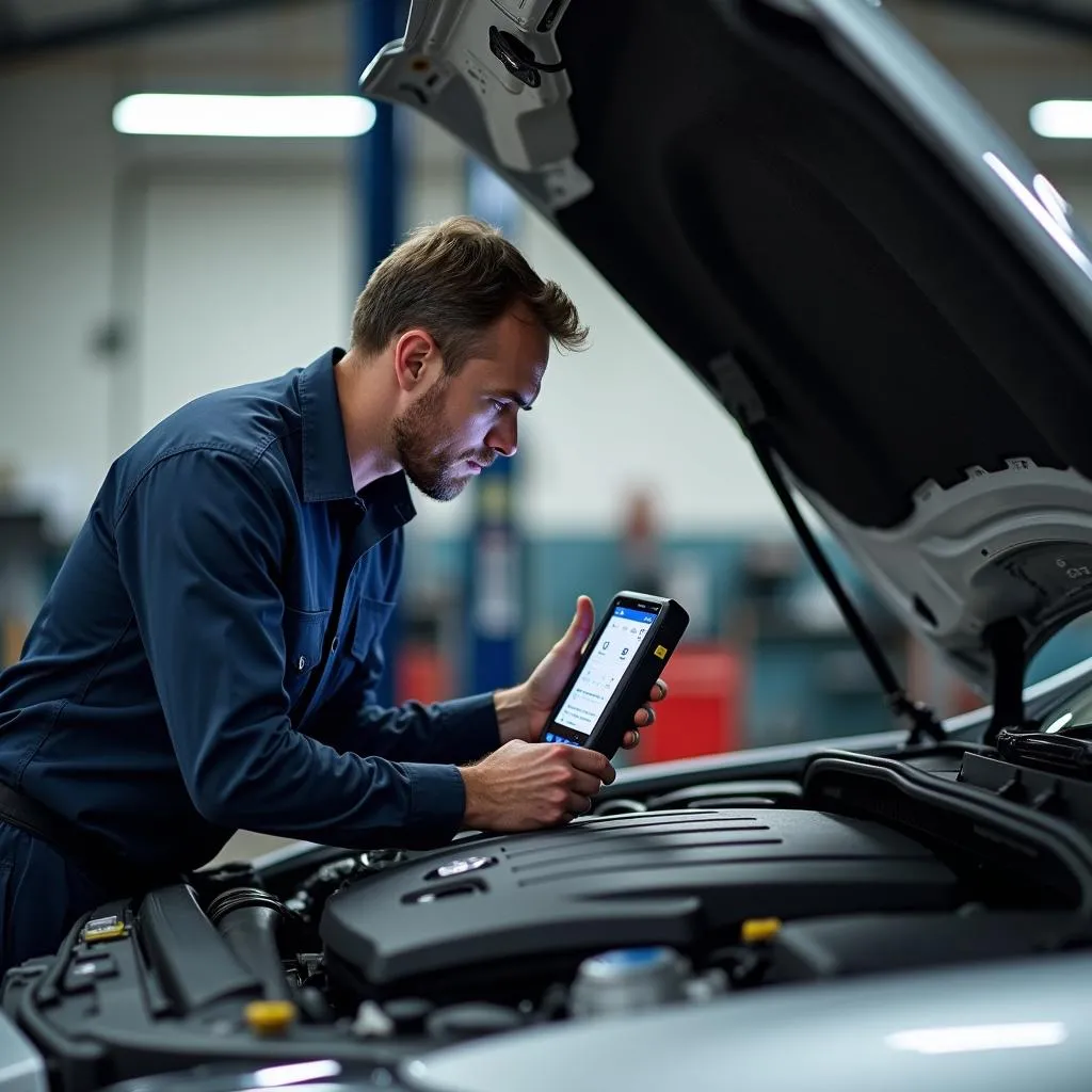 Mechanic using Solus Pro to diagnose engine issue in Mercedes-Benz